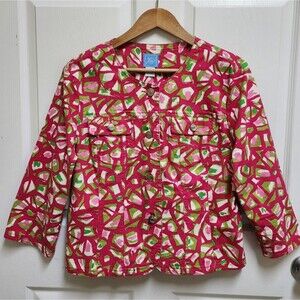 Lark Lane Blazer Womens 14 Pink Green White Geometric Button Pockets Cowgirl
